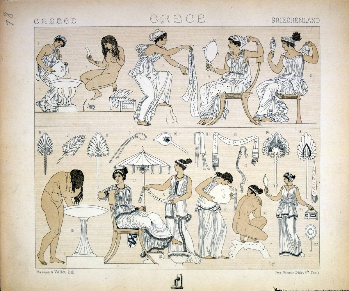 Art shows ancient Greek women applying makeup and practicing hygiene.