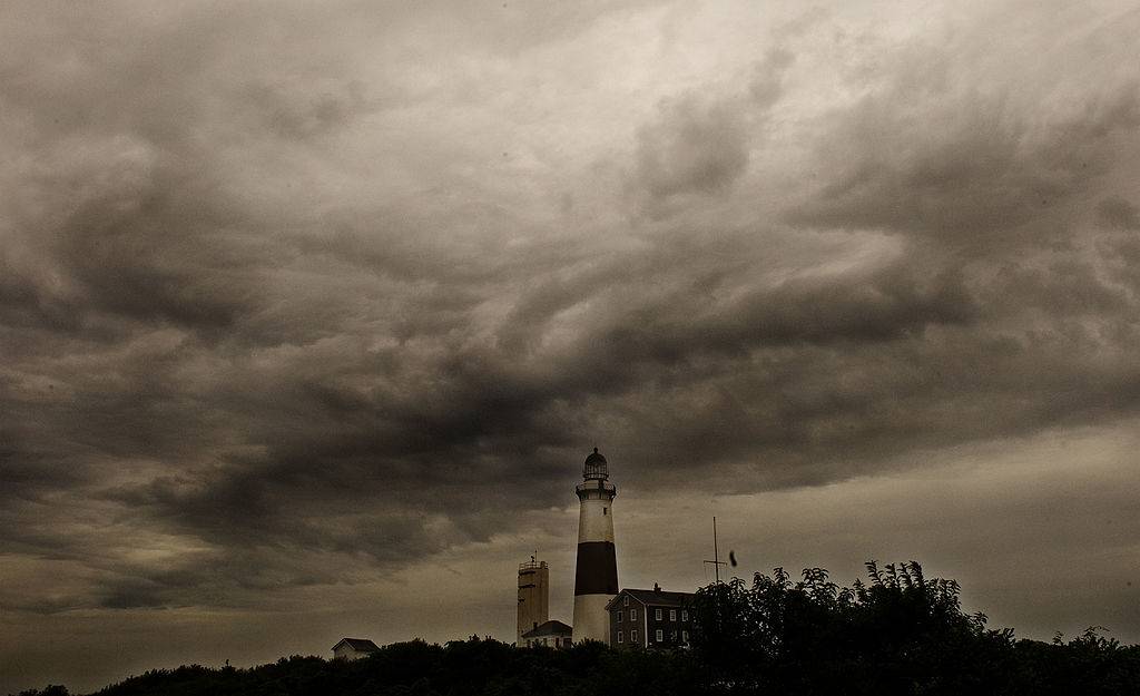 Storm clouds loom over the Montauk lighthouse