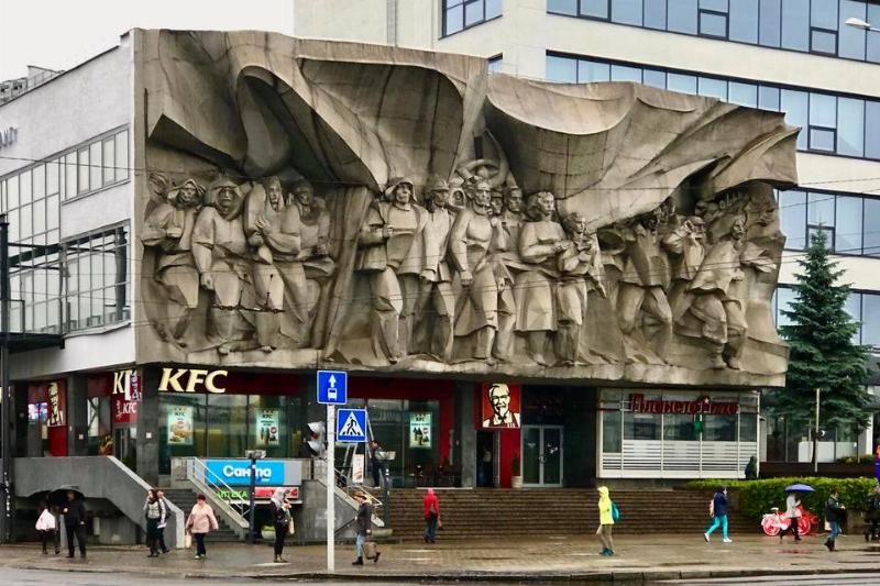 kfc with a soviet sculpture on it