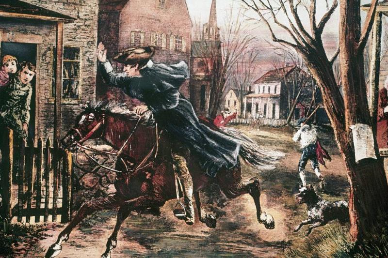 paul revere riding a horse through the streets of Boston