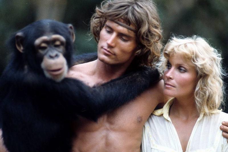 miles o'keefe, bo derek, and a monkey in a scene from tarzan, the ape man