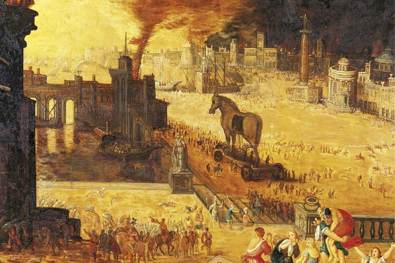 painting depicts The Siege of Troy, 17th century. Found in the collection of Musée des Beaux-Arts, Blois