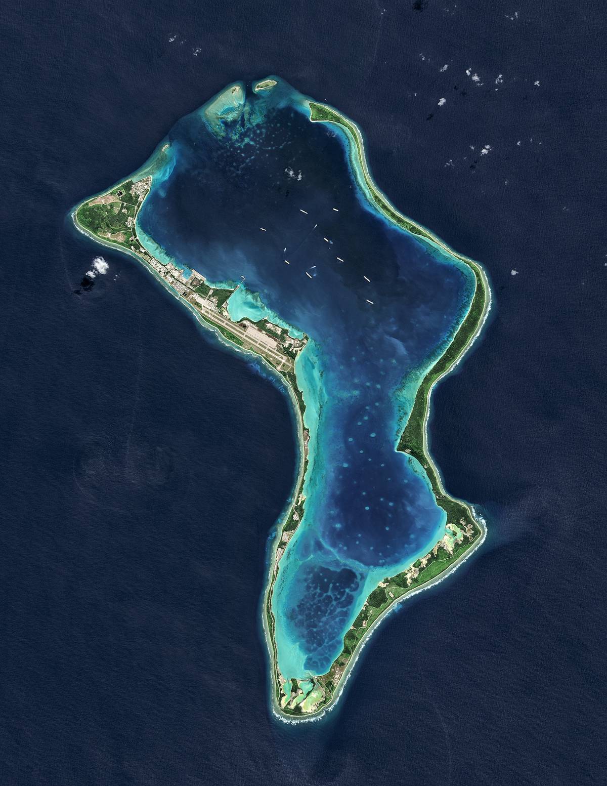 A military base on Diego Garcia island is seen from above.