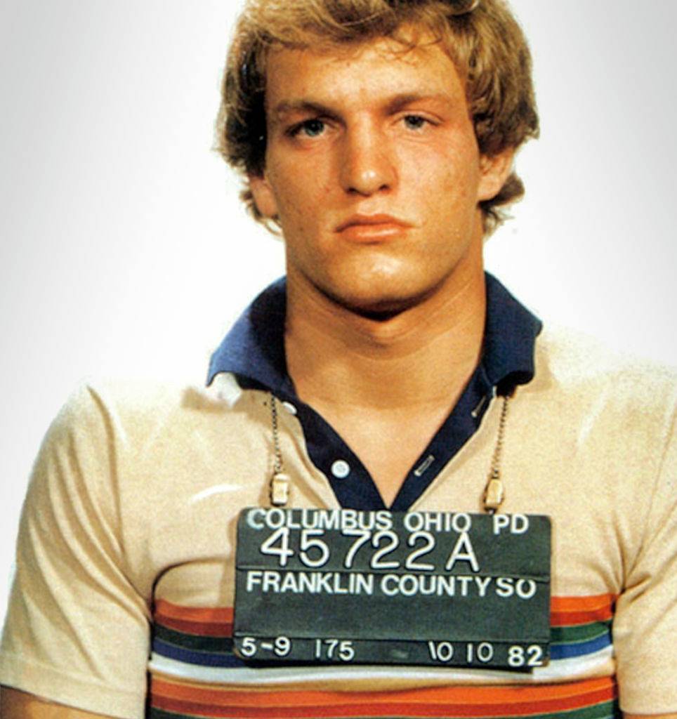 In this handout, American actor and playwright Woody Harrelson in a mug shot following his arrest for disturbing the peace, Columbus, Ohio, October 1982. 