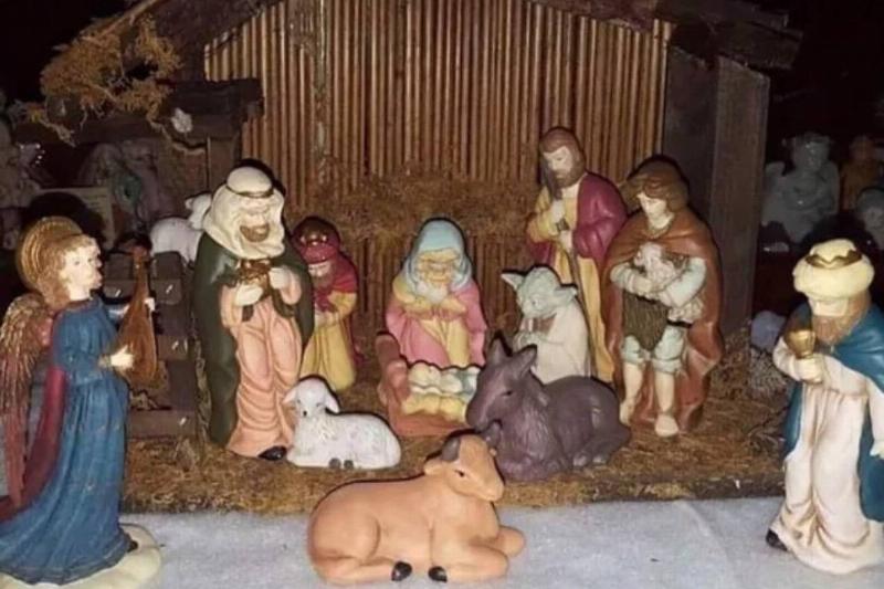 nativity scene set with yoda as third wise man