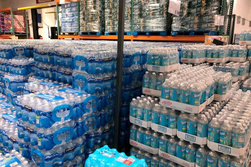 Pallets of bottled water stacked at Costco