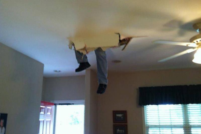 man falling through the ceiling