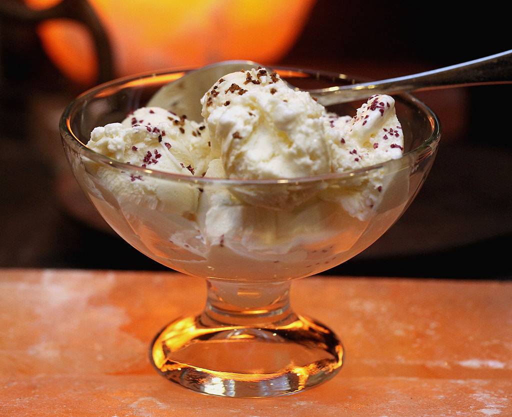 Vanilla ice cream is sprinkled with merlot and espresso salts