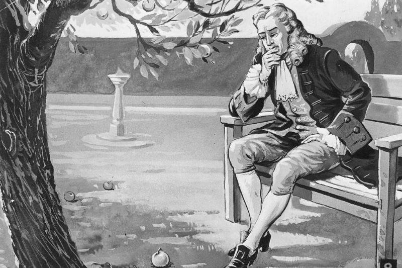 Newton looking at an apple 