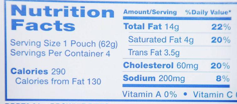 The nutrition label on a package lists saturated and trans fats.