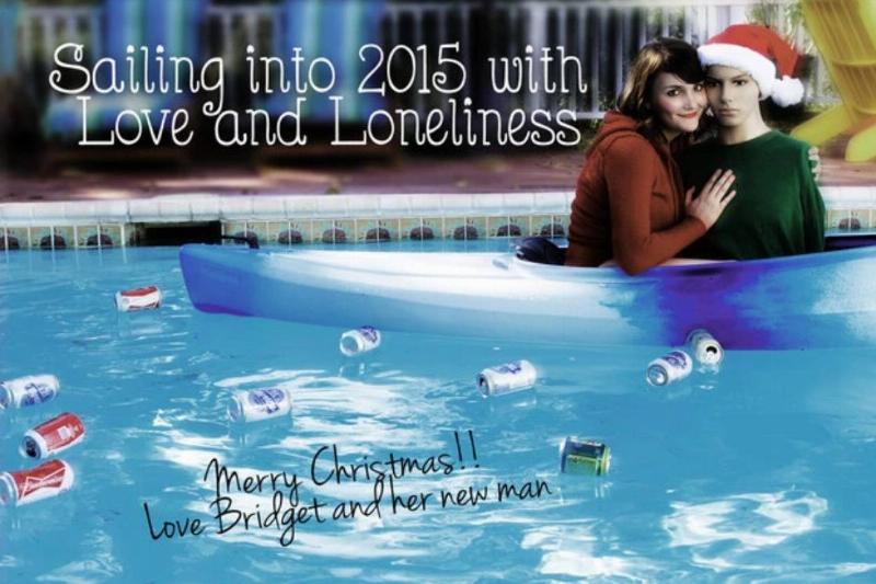 loneliness gir, photoshopped into boat with a mannequin on a pool filled with empty beer cans with script
