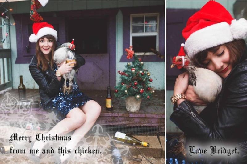 chicken woman holding a chicken with script: Merry Christmas from me and this chicken.
