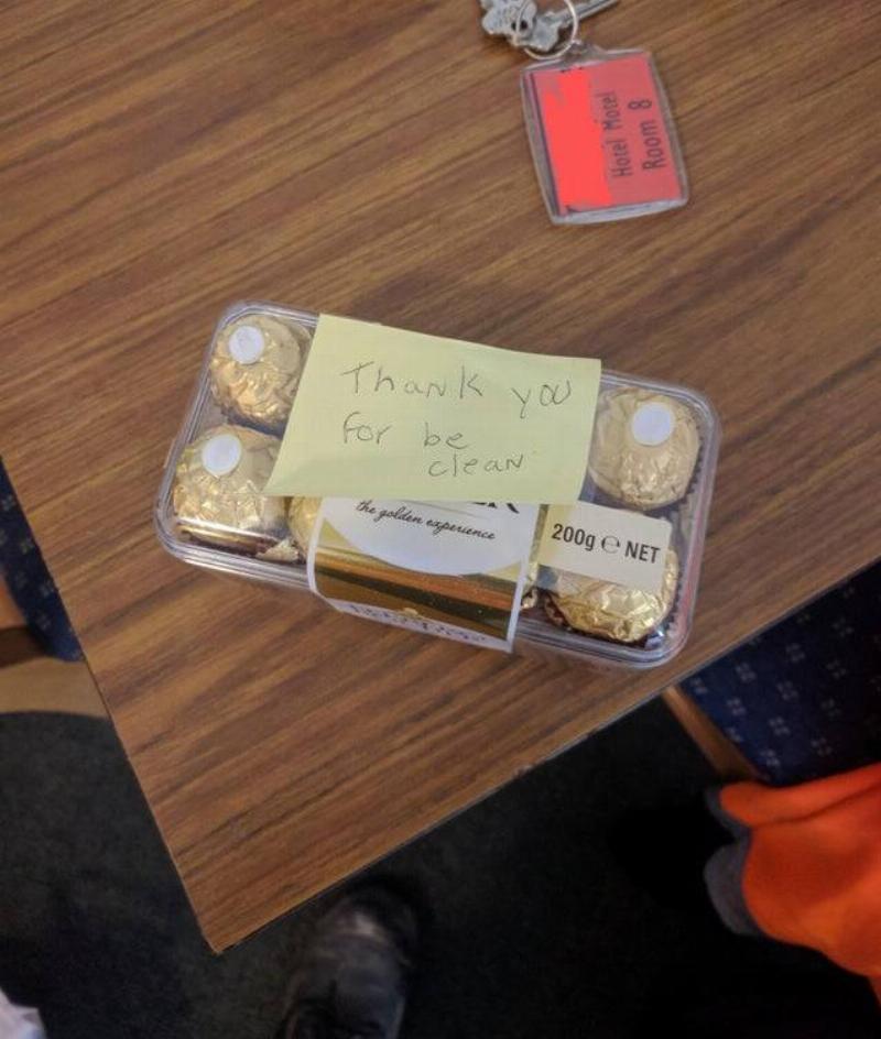 hotel staff that left snacks for the guest who kept their room clean
