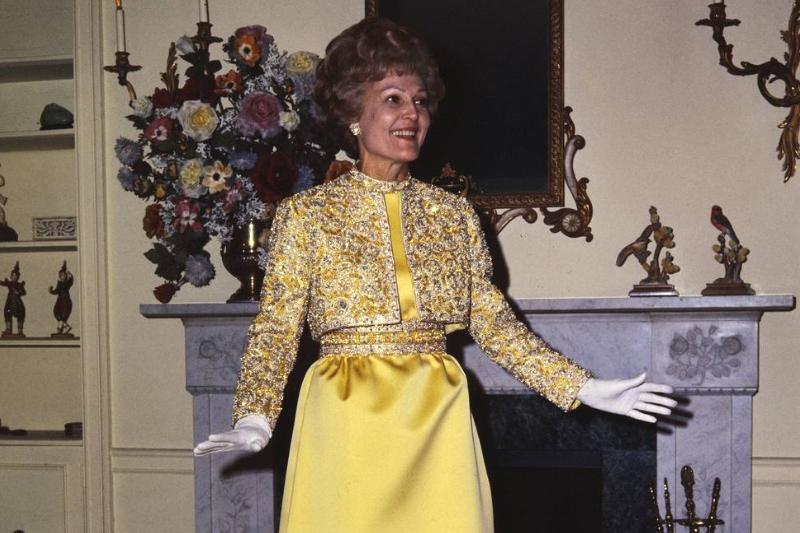 Pat Nixon inaugural gown-515100224 In her apartment, Pat Nixon models the gown that she wore to the Inaugural Ball.