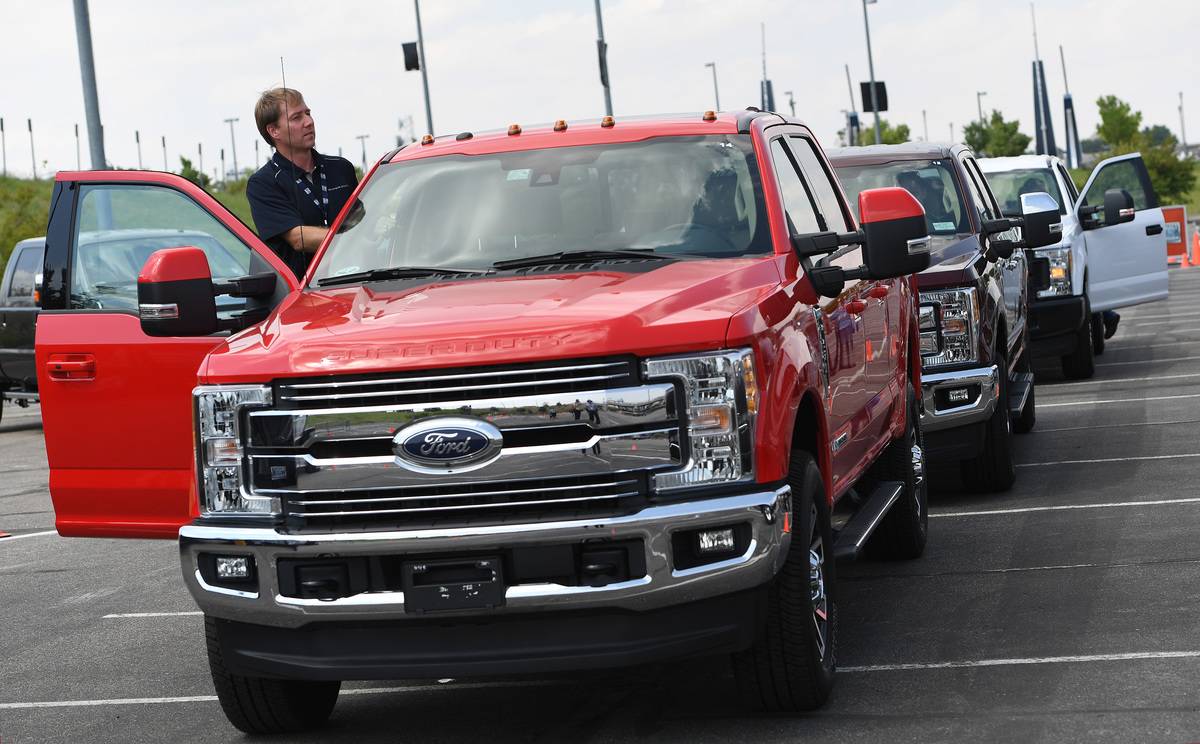 Ford truck presents it's newest Ford F-Series Super Duty trucks in the parking lot of Sports Authority Field at Migh High in Denver, Colorado