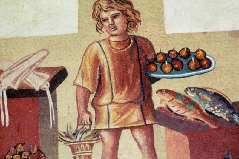Roman mosaic of a slave boy in a kitchen. Roman mosaic of a slave boy in a kitchen.