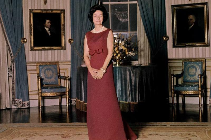 Lady Bird Johnson In Red With Multiple Pearl Accessories Lady Bird Johnson In Red With Multiple Pearl Accessories