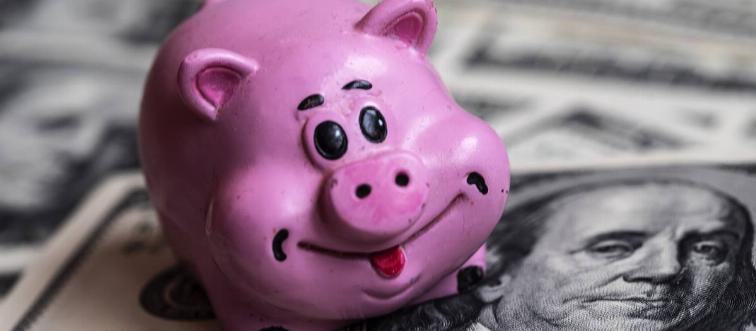 A ceramic pig seen with a background of dollar bills...