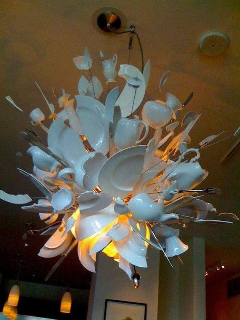 broken dish chandelier attached to ceiling