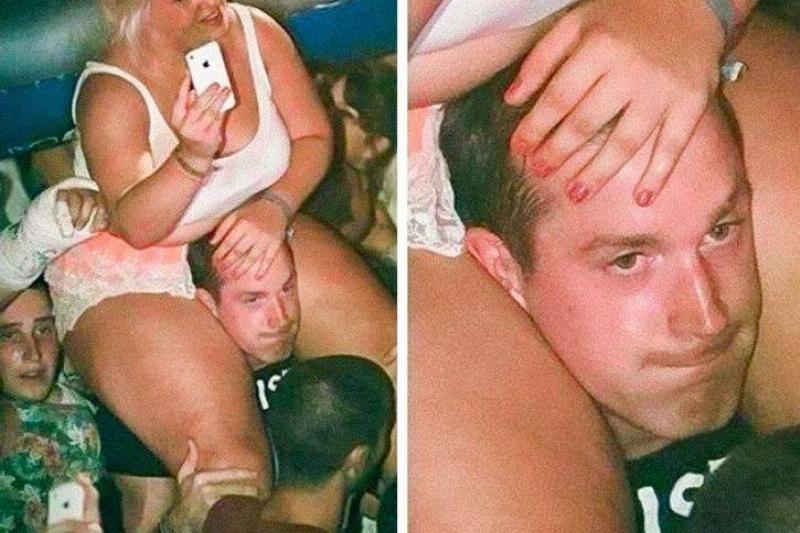 broken neck man struggling while giving a woman a piggyback ride at a concert