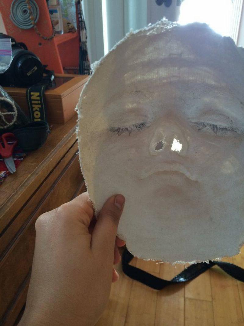 no more eyelashes Eyelashes got removed when person tried to make a plaster mold of their face