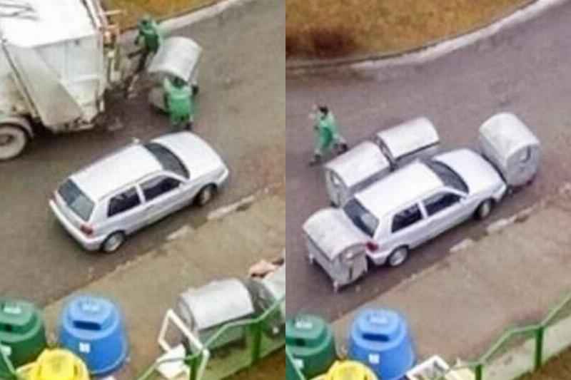 parking fail bad parker has car surrounded with dumpsters