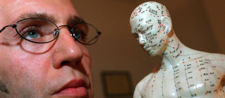 Talotta 1 - Troy MacLean in office pose with and is near plastic accupuncture model,nude with all ki