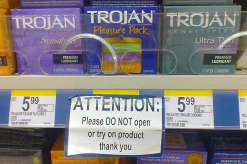 trojan packs trojan packs sign says not to try on