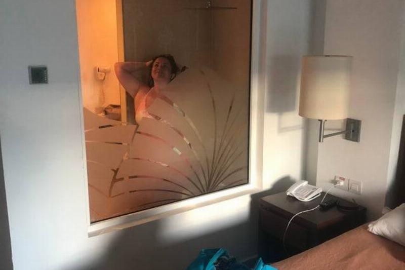 view into the shower in hotel room