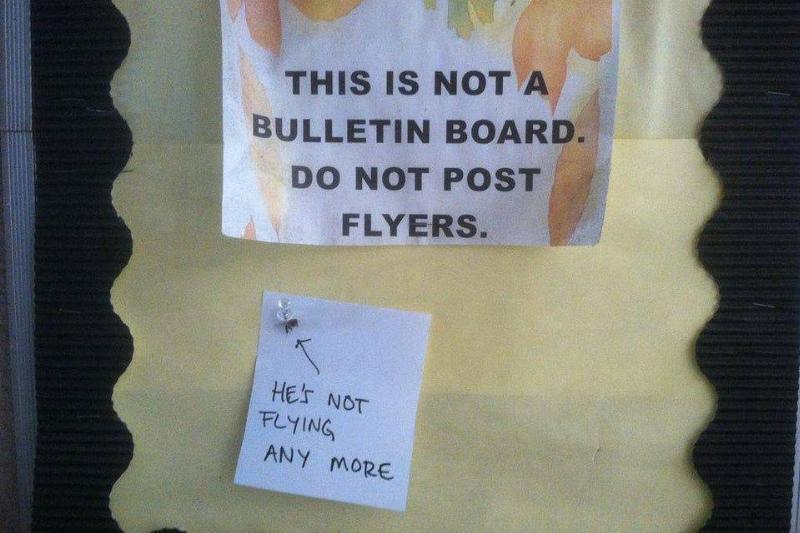 xkaiserxremx REddit fly tacked to bulletin board that says no flyers