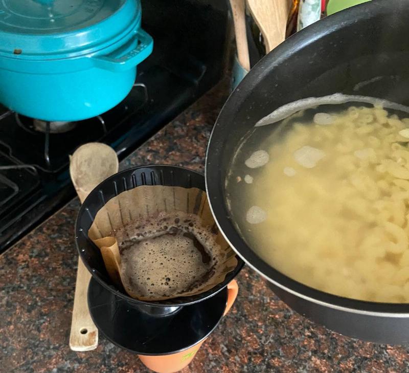 coffee time pasta water being poured onto coffee pour over