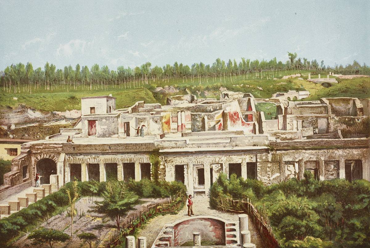 An artistic depiction of a villa in Pompeii shows what it might have looked like during its heyday. 