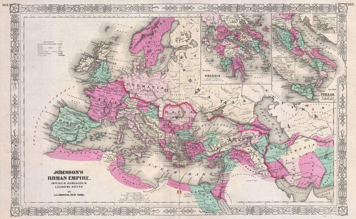 The 1864 Johnson Map depicts the Roman Empire at its height.