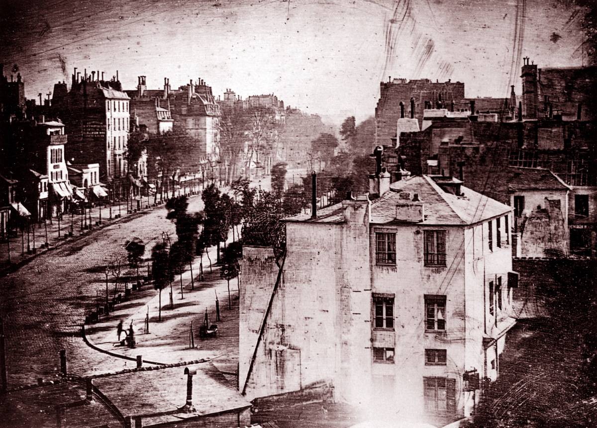 The Boulevard du Temple, Paris, France, is photographed by Louis Daguerre, 1838.