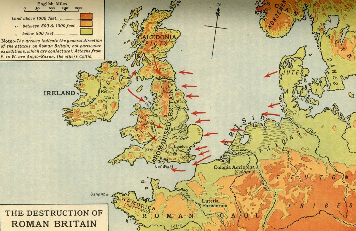 A map shows Britain under Rome being invaded towards the end of the Roman Period, 410 AD.