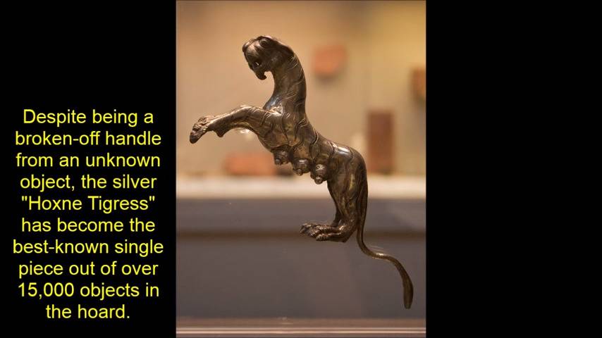 The silver tigress, a piece broken off of a vase, is displayed from the Hoxne Hoard.
