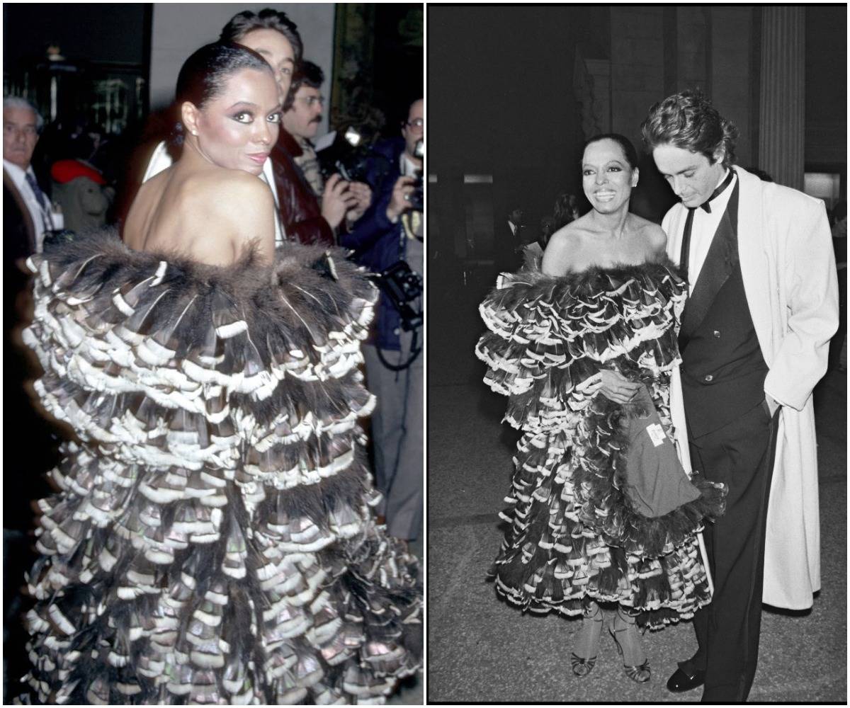 Diana Ross wears a feathered dress to the Met Gala, 1981.
