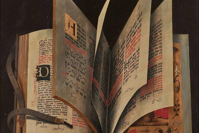 This 16th century painting portrays in open book of medieval poetry.