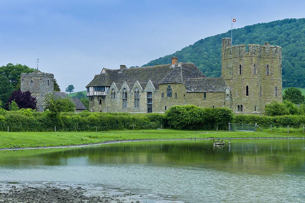 Stokesay Castle and church, fortified medieval manor with timber framed gatehouse in Shropshire, England