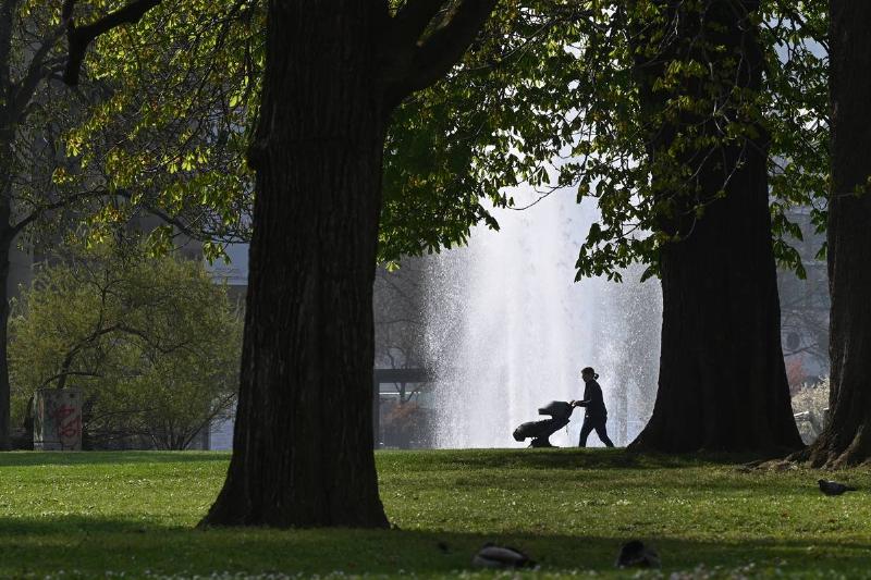 woman walks with a baby carriage past a water fountain in the palace garden