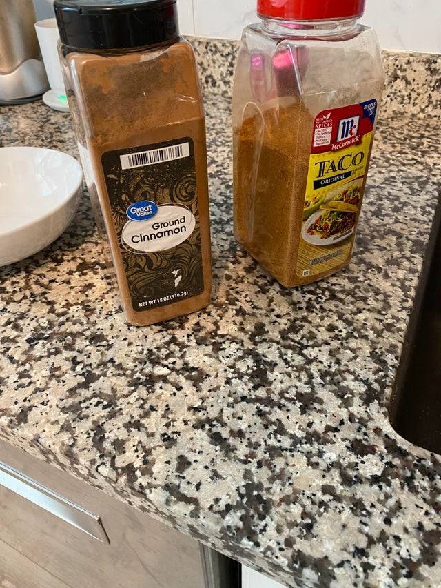 cinnamon container next to taco seasoning