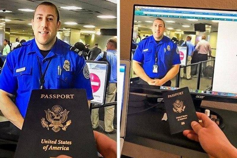 person talking picture with passport in front of fake border guard