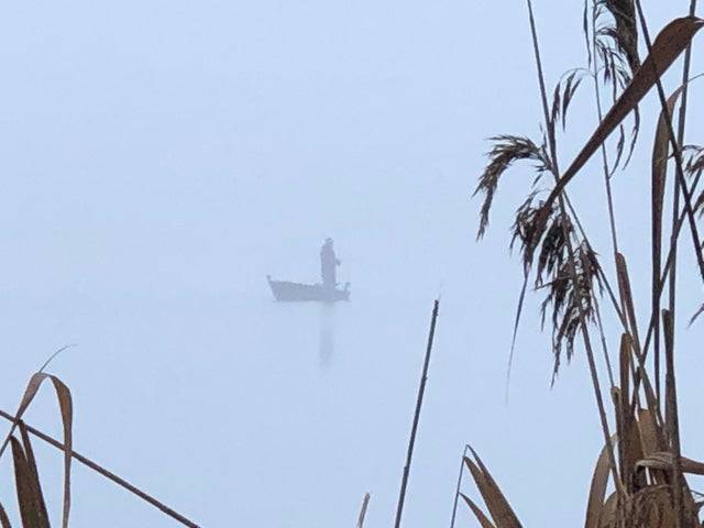 fishing man fishing on foggy lake