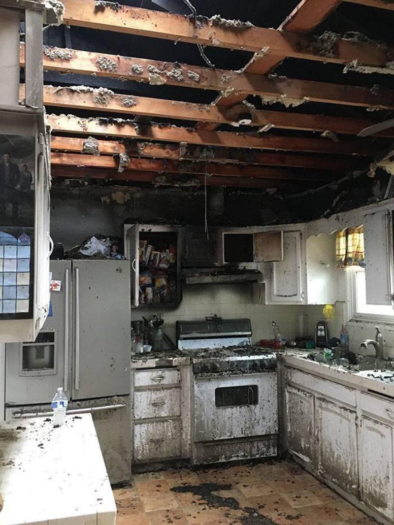 destroyed kitchen after french fries catch fire in oven