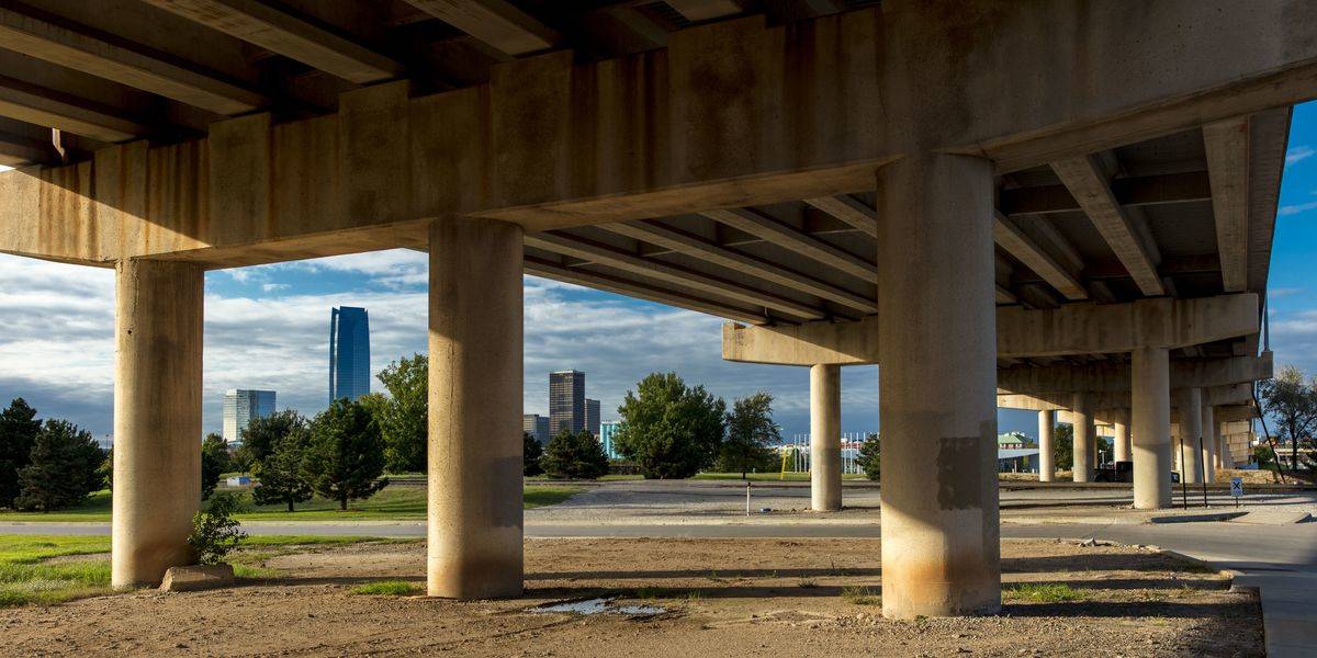 Under freeway we see Oklahoma City Skyline, Oklahoma City, Oklahoma