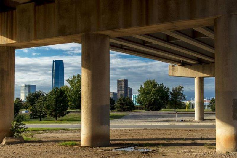 Under freeway we see Oklahoma City Skyline, Oklahoma City, Oklahoma Under freeway we see Oklahoma City Skyline, Oklahoma City, Oklahoma