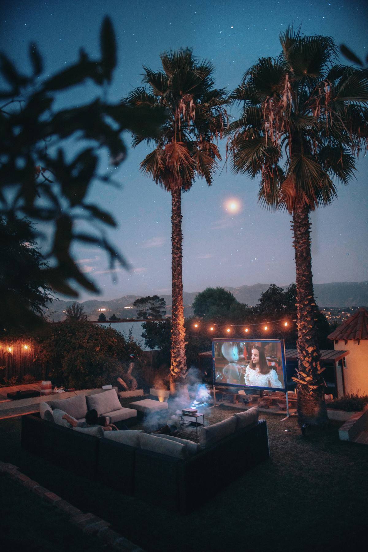 Movie screen projected between two palm trees in backyard