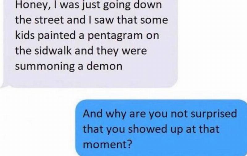 text text messages about kids who've drawn a pentagram and the texter showed up as they were summoning a demon