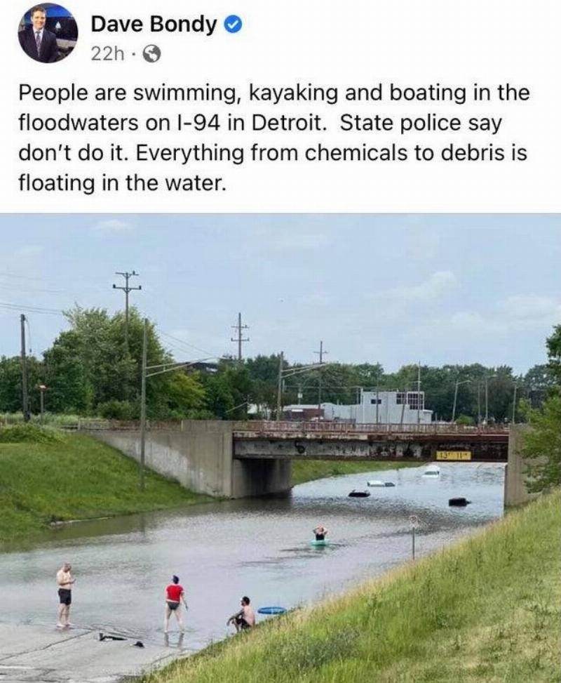 A twitter post says that people are kayaking in the polluted waters of a Detroit flash flood.