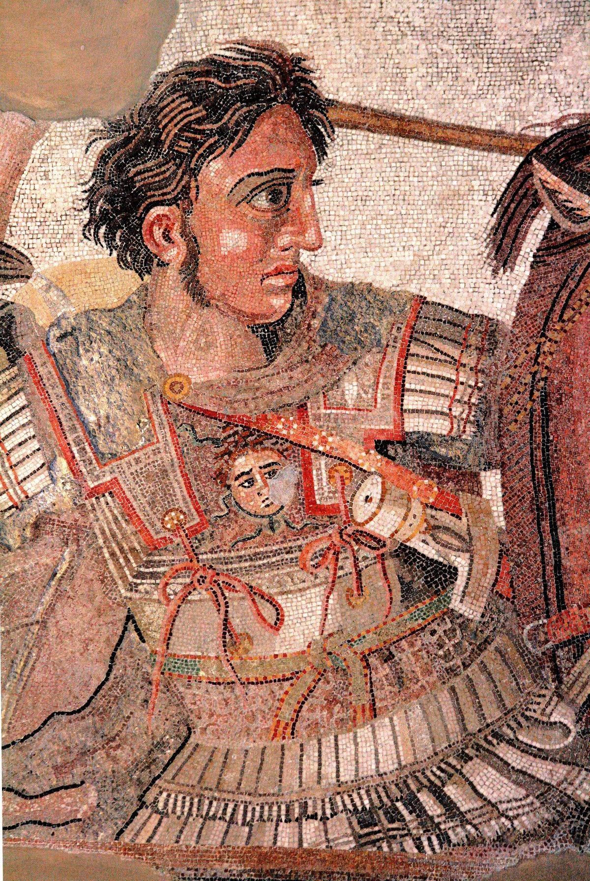 A mural shows an ancient Greek king in battle, circa 310 BC.